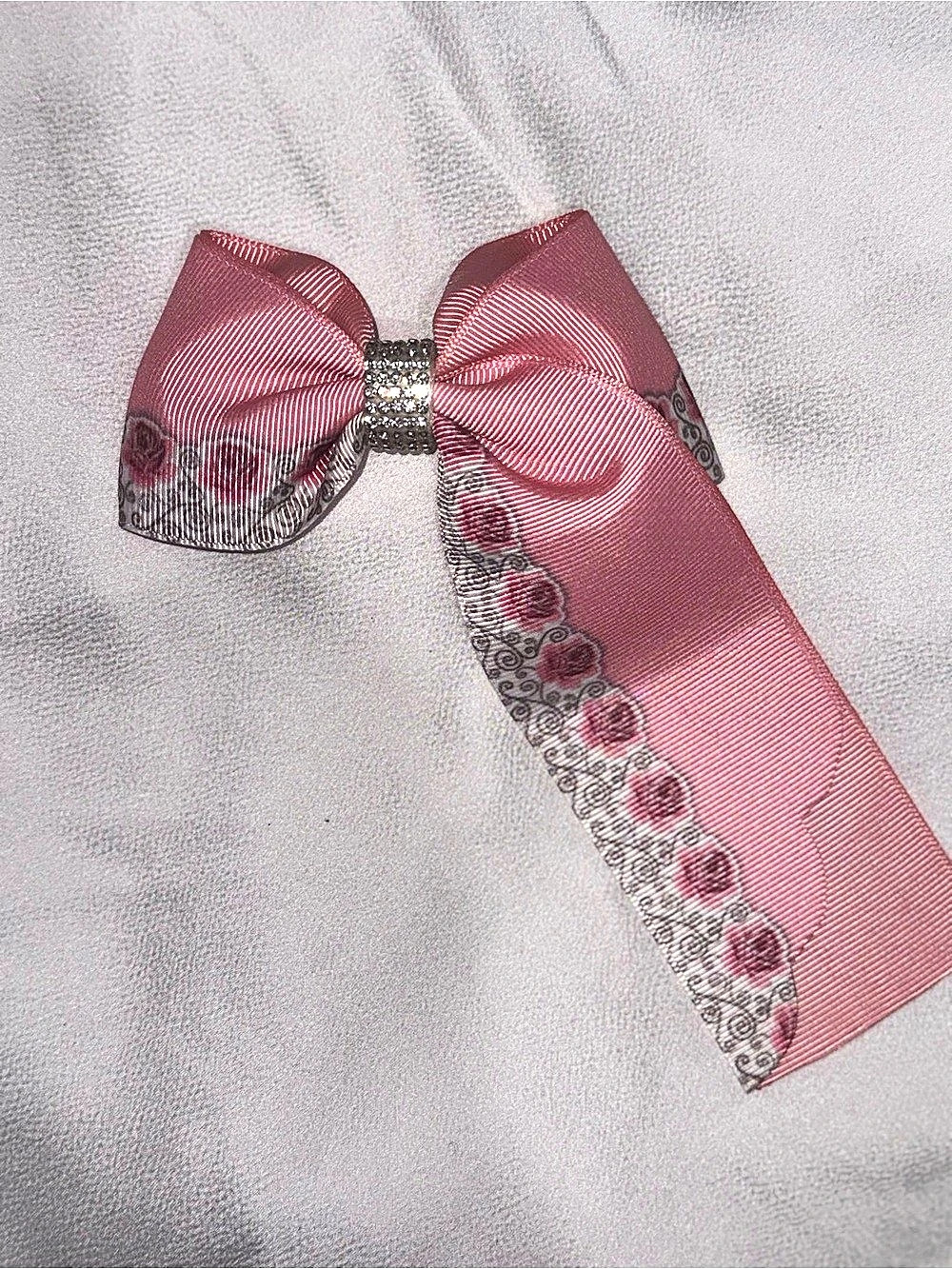 Floral Ribbon Hair Bow in Pink & Gray